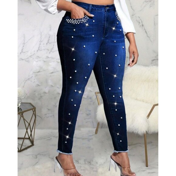 Women's High Rise Skinny Jeans Cotton Stretch Pearl Rhinestones Casual Dressy - Picture 5 of 8